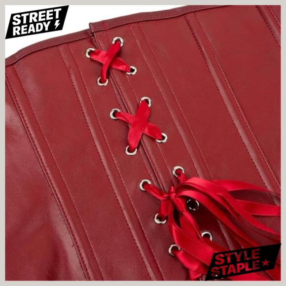 Vintage Gothic Faux Leather Corset Steampunk Rock Basque Lace Up - Picture 6 of 6